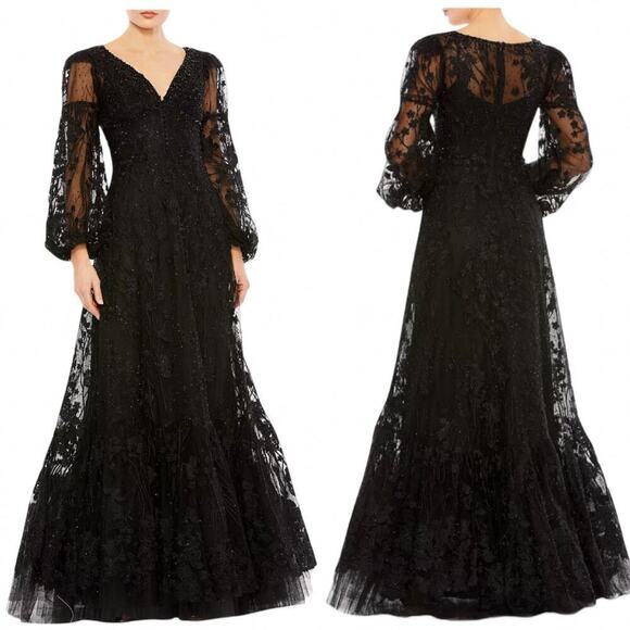 Mac Duggal Puff Sleeve A Line Embroidered Gown Size 14 Black Formal 20430 NEW - Picture 1 of 16